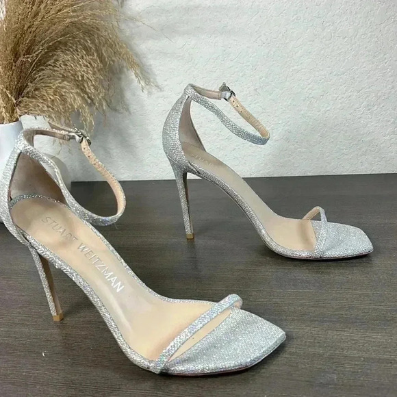 STUART WEITZMAN Nudistcurve Ankle Strap Sandal SILVER CRYSTAL Size 11.5 - Picture 8 of 10